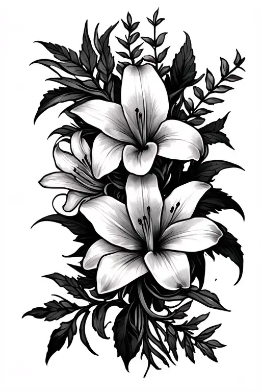 Flower tendrils with 4 lilies and mugwort, fineline tattoo around the wrist and forearm tattoo design idea