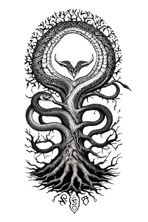 viking tattoo, yggdrasil in the center, Snake arround the whole tree, with nordic runes tattoo design idea