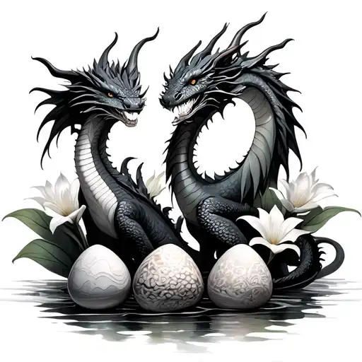 peace lily background with three dragon eggs, a girl dragon, and a boy dragon tattoo design idea