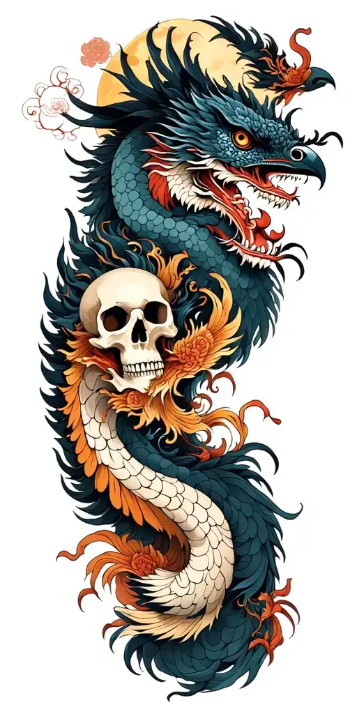 Chinese dragon and phoenix and skull and moon and raven tattoo design idea
