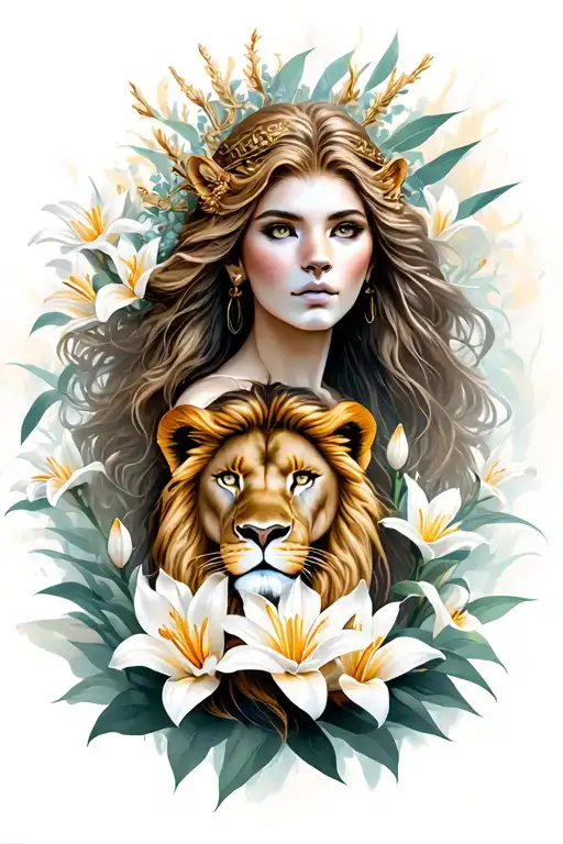 Leo goddess with female lion surrounded by lilies  tattoo design idea