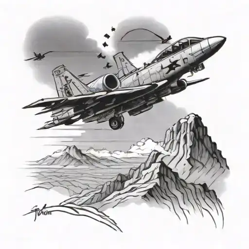 A mountain landscape with a silhouette of an A-10 Thunderbolt II flying overhead, representing the client's occupation as a fighter pilot tattoo design idea