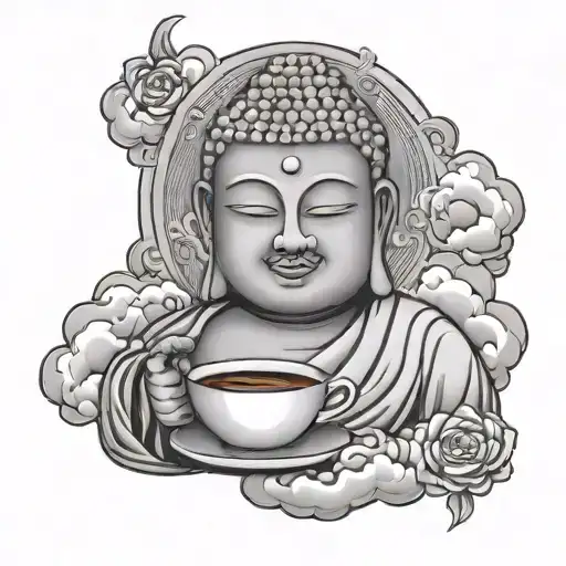 buddah holding a coffee cup with clouds inside the coffee cup tattoo design idea