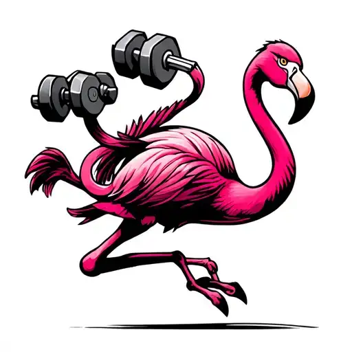 Pink flamingo that is running with while wearing weight loss dumbbells tattoo design idea