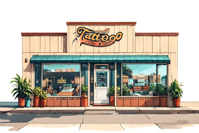 outside of 2 story tattoo shop with big windows and plants inside them tattoo design idea