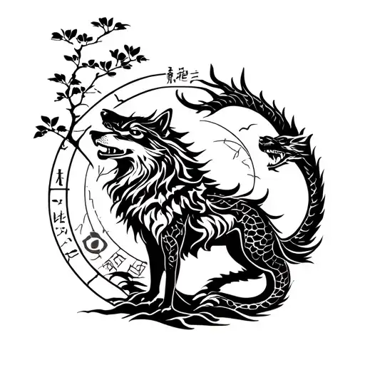 wolf with astrological sign of fish, a medlar tree in the background, a dragon in height Chinese style tattoo design idea