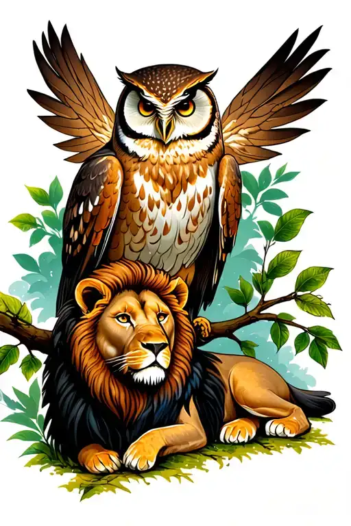 owl perched on a branch with a lion laying on ground below tattoo design idea