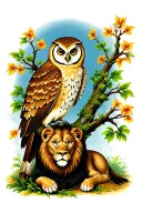 owl perched on a branch with a lion laying on ground below tattoo design idea