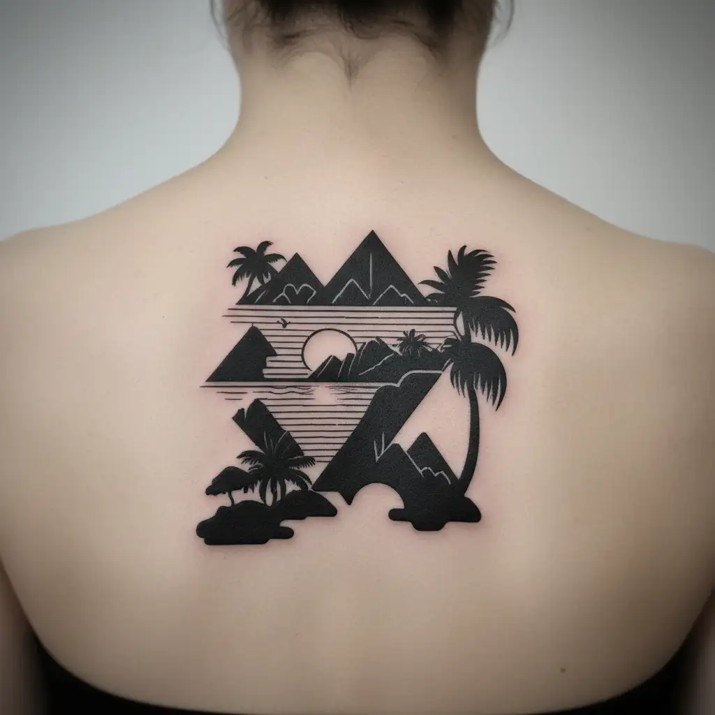A blackwork tattoo of a mountain range with a sun setting behind it, incorporating palm trees and beach elements to showcase the client's love for hiking and the beach tattoo design idea