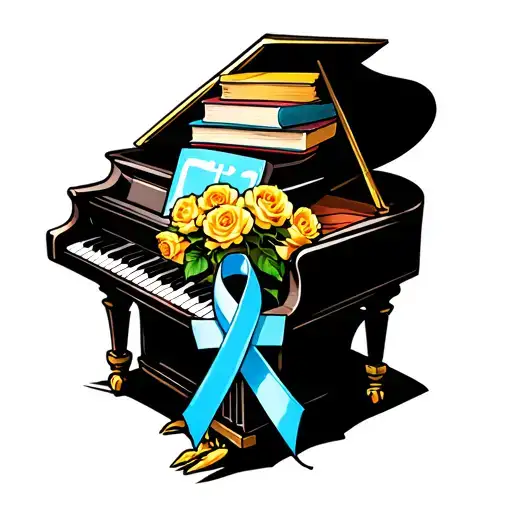 spinet piano with books on top, yellow roses, cross with a blue cancer ribbon wrapped around it tattoo design idea