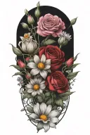 An intricate tattoo of a boquet of roses, daisys, and cosmos flowers tattoo design idea
