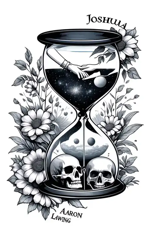 "Joshua Aaron Lawing" hour glass with dad daughter holding hands up top, skull in the bottom with universe background.. feb am aug flowers out tattoo design idea