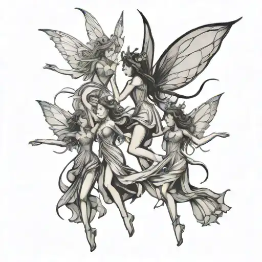 5 tall skinny fairies dancing outline tattoo design idea