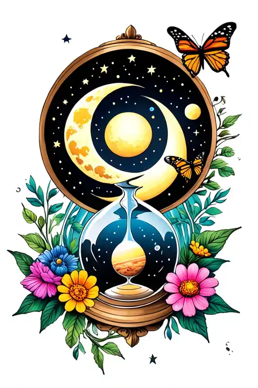Sun and moon with stars and planets inside of a hourglass. Outside of the hourglass are butterflies and a flowers tattoo design idea