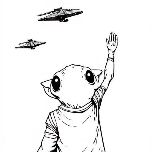 Grogu from Star Wars, from behind, raising his hand to the sky. He's on Tattoine and X-Wing and a Tie Fighter in the sky tattoo design idea