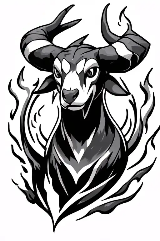 pokemon Houndoom tattoo, mostly in a rounded shape, it could be a bust portrait or a full body, ad flames  tattoo design idea