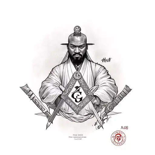 yasuke with Japanese Kanji for "Traveling Man" with the Freemason Symbol tattoo design idea