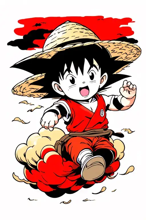 baby Goku riding a red and black  cloud wearing a straw hat from one piece  tattoo design idea