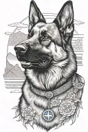 A detailed black and grey portrait of a german shepherd service dog mountain scene and American flag tattoo design idea