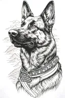 A detailed black and grey portrait of a german shepherd service dog mountain scene and American flag tattoo design idea