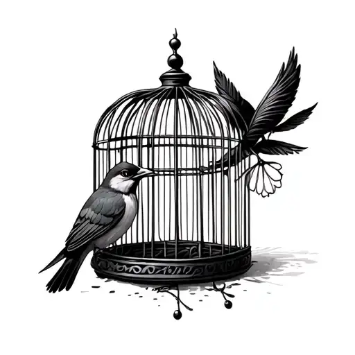Bird in a Cage:   - Cage: An image of a cage that is open on one side, with various elements showing that it has been  tattoo design idea