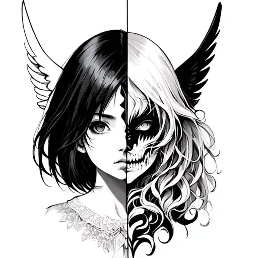 anime girl split face design angel and demon side tattoo design idea
