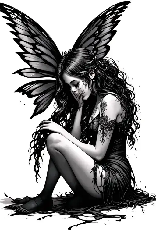 gothic fairy sitting on the floor with her face buried in her knees crying with big wings from the side tattoo design idea