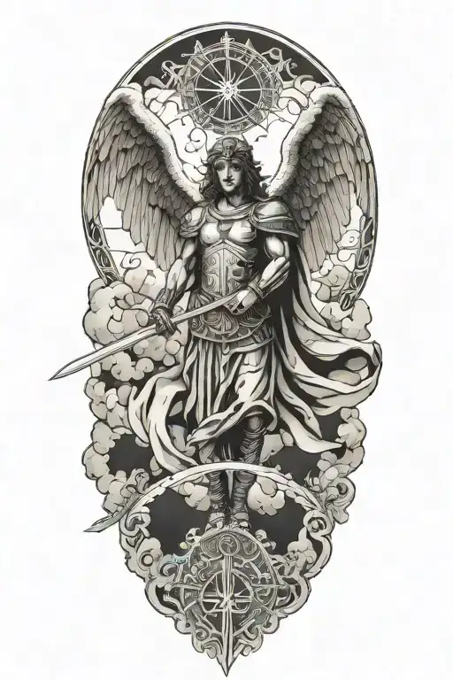 Archangel Michael wielding a sword in Enochian language script, surrounded by clouds in a blackwork style tattoo design idea