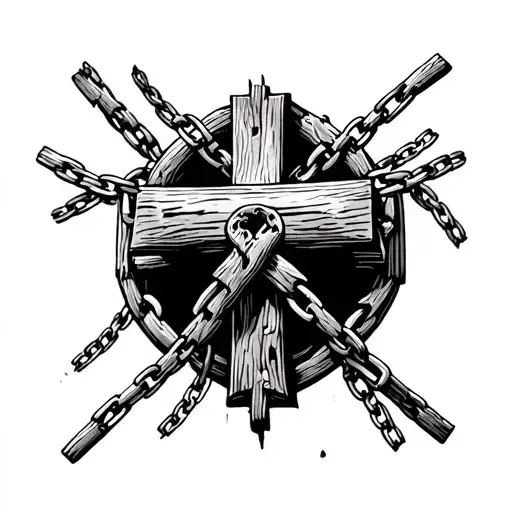 relistic wooden old cross with broken  chains neck tattoo tattoo design idea