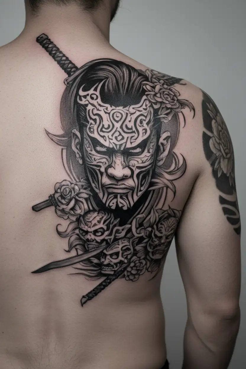 Japanese Yakuza Sleeve with Warrior Masks tattoo design idea