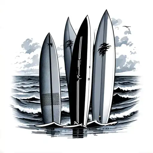 give me a fine line tattoo that has 4 surf boards tattoo design idea
