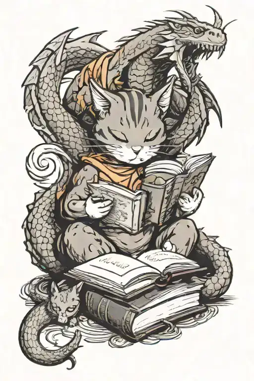 A cat reading a book with a dragon curled up next to it, embodying the client's love for cats, books, and dragons tattoo design idea