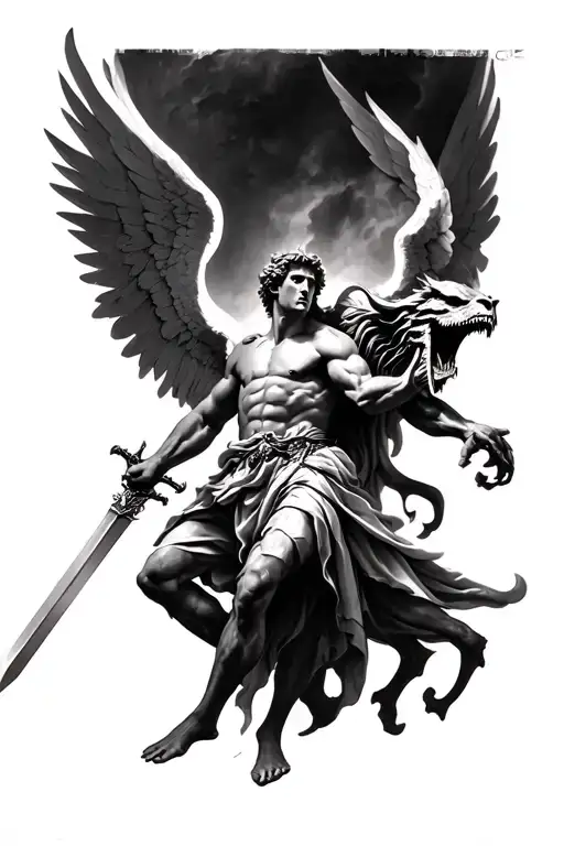 st Michael archangel with a sword slaying a demon tattoo design idea