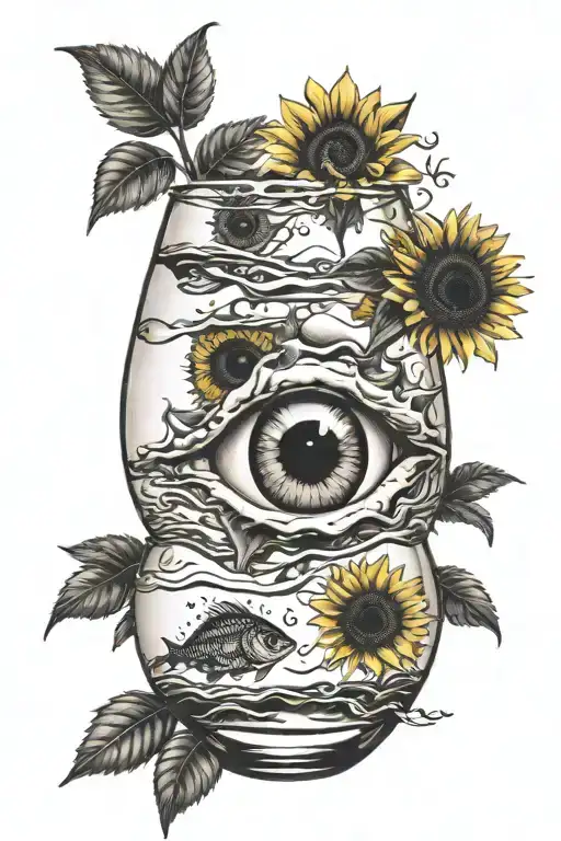 Pink Floyd sunflower with eye and Two lost souls swimming in a fishbowl tattoo design idea