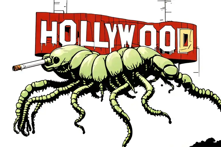 maggot smoking a cigarette in front of Hollywood sign tattoo design idea