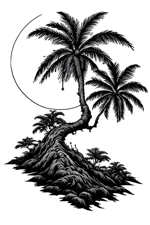 black forest tree with palm tree with philippines sun Konzept art tattoo design idea