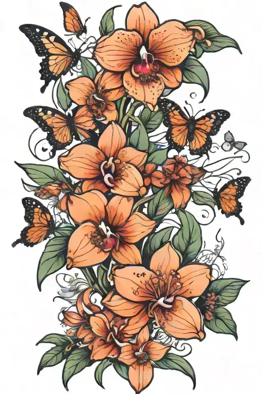 Tattoos of big long orchid with flowers, butterflies,birds,and snakes on a leg and thigh of a black woman. tattoo design idea