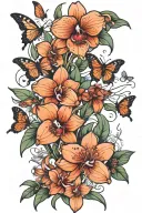 Tattoos of big long orchid with flowers, butterflies,birds,and snakes on a leg and thigh of a black woman. tattoo design idea