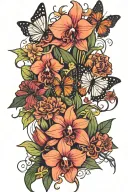 Tattoos of big long orchid with flowers, butterflies,birds,and snakes on a leg and thigh of a black woman. tattoo design idea