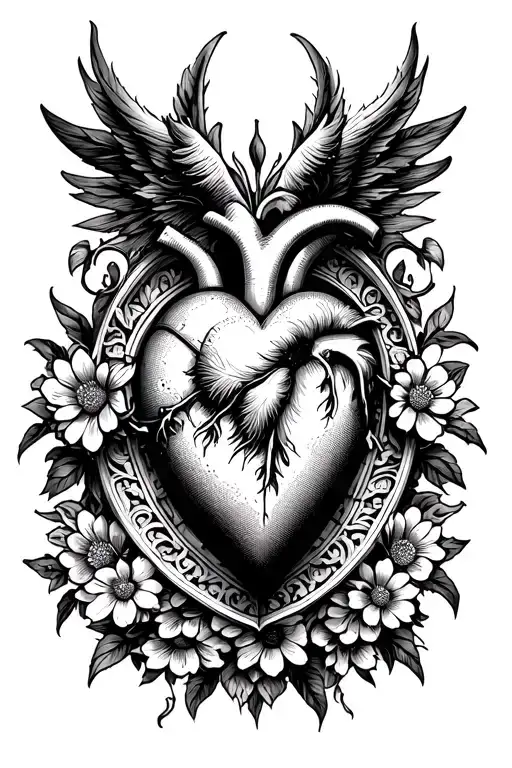  central gothic heart or sacred heart encased in cathedral-like detailing, with flowers on shoulders tattoo design idea