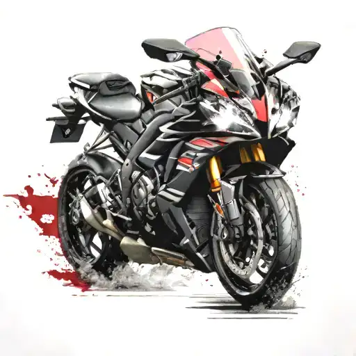 Yamaha r1m with red headlights reflecting in wet road  tattoo design idea
