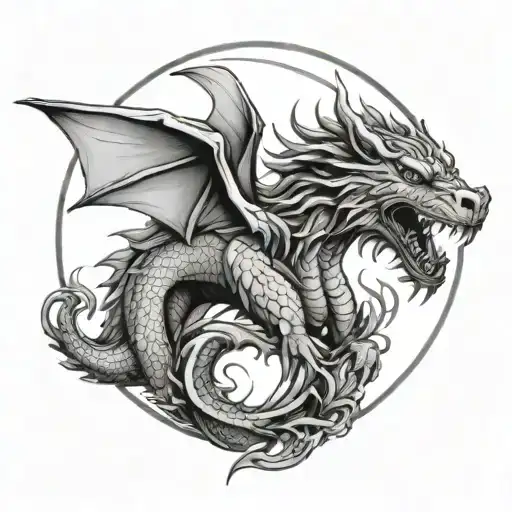 Sin of Wrath dragon with labrador mixed with Chow Chow in circle tattoo design idea