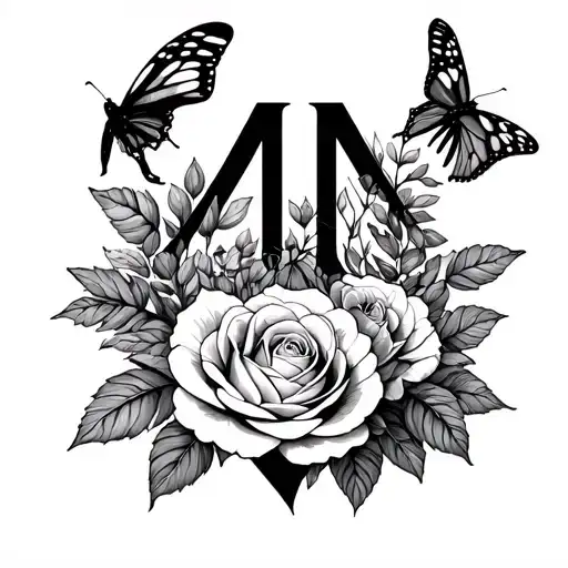 Butterffly roses blooming with scorpio M sign intertwined tattoo design idea