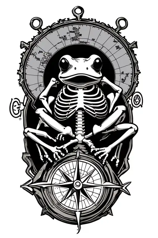 nautical map with small frog skeleton and compass, line work with minimal shading, tattoo design idea