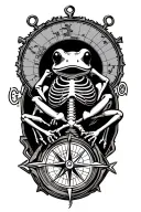 nautical map with small frog skeleton and compass, line work with minimal shading, tattoo design idea