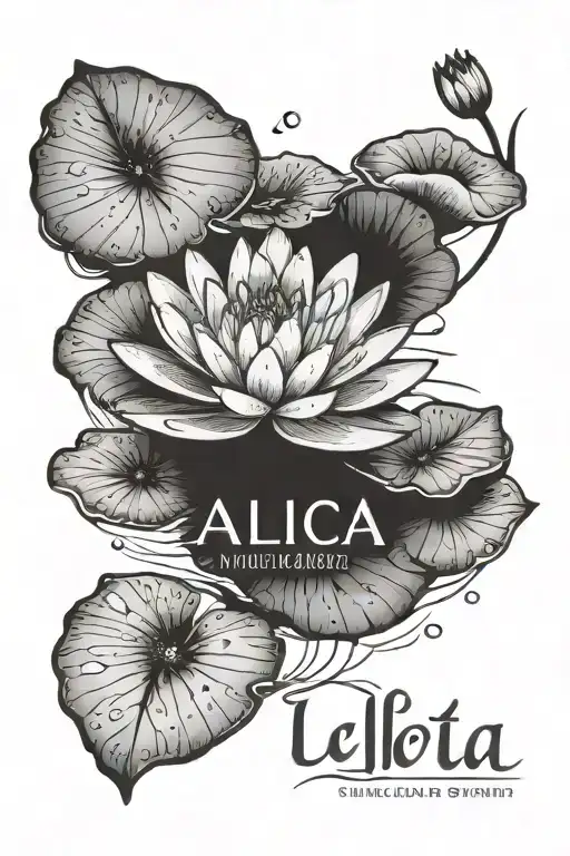 water lily with name Alicia in stem and date August 25, 2022 tattoo design idea