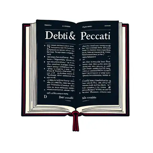 Open Bible that reveals accounting entries inside (debits and credits). Text: 'Debiti & Peccati' tattoo design idea