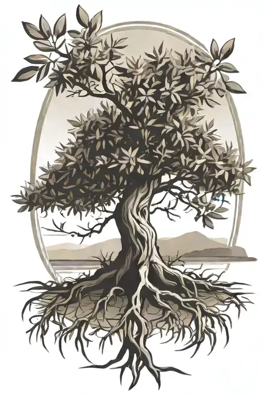 Olive tree with roots and frame tattoo design idea