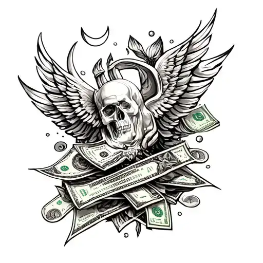 Masculine black tattoo design, aesthetically beautiful, symbolizing money, discipline, the journey, and the goal. No fac tattoo design idea