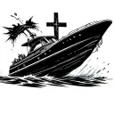 A jet Boat passing in front of a cross that turns into a scar tattoo design idea